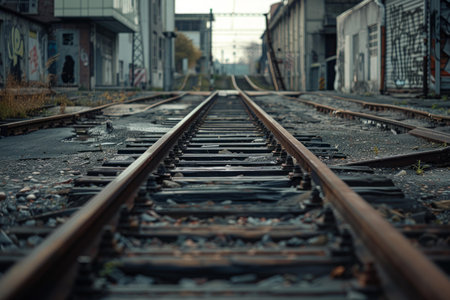 Moody photo capturing the desolation of an abandoned railway track in an urban settingの素材