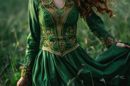 Closeup of a woman in a richly embroidered green medieval gown standing amidst greeneryの素材