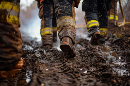 Close up view of firefighter boots in mud, highlighting the challenges faced in emergenciesの素材