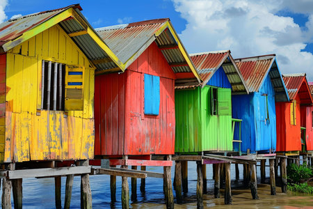 Row of brightly painted wooden houses stands on stilts above the water, reflecting vibrant colorsの素材