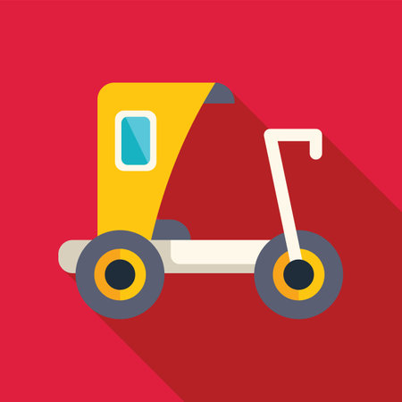 Illustration of a yellow velomobile with three wheels standing on red background in flat styleのイラスト素材