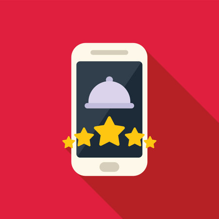 Smartphone displaying restaurant meal tray icon and five star rating representing online food ordering appのイラスト素材
