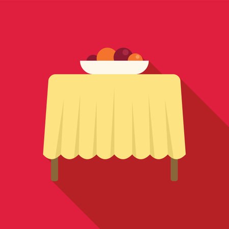 Illustration featuring a table with a yellow tablecloth and a bowl of fruit, evoking concepts of home, meals, and healthy eatingのイラスト素材