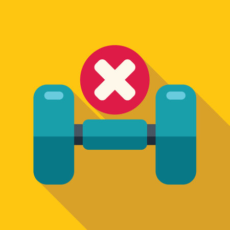 Dumbbell with red cross mark over it showing forbidden sign on yellow background representing health riskのイラスト素材
