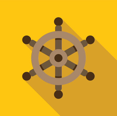Ship steering wheel navigating on a yellow background with a long shadowのイラスト素材