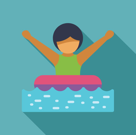 Happy boy raising arms, floating on inflatable ring in swimming pool enjoying summer vacationのイラスト素材