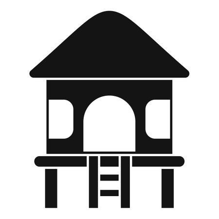 Simple black silhouette of a bungalow on stilts with a ladder leading up to the entranceのイラスト素材