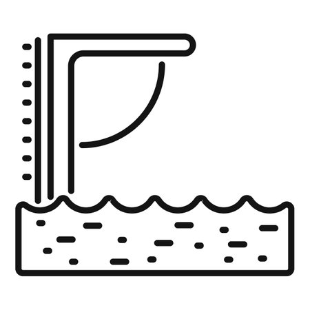 Simple black and white line drawing of a diving board standing over the water in a swimming poolのイラスト素材