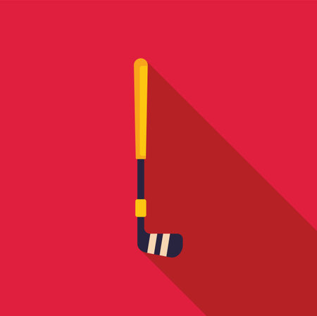 Minimalist illustration featuring a yellow hockey stick, casting a long shadow on a vibrant red backgroundのイラスト素材