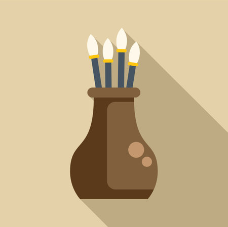 Brown ceramic vase holding thin paintbrushes, for artist studio or art classのイラスト素材