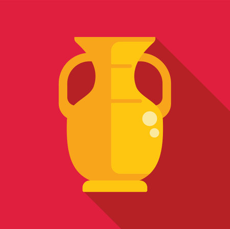 Golden amphora, an ancient greek two handled jar with a narrow neck, is casting a long shadow on a vibrant red backgroundのイラスト素材
