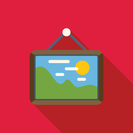 Minimalist illustration of a framed landscape painting hanging on a red wall, evoking themes of art, decoration, and interior designのイラスト素材