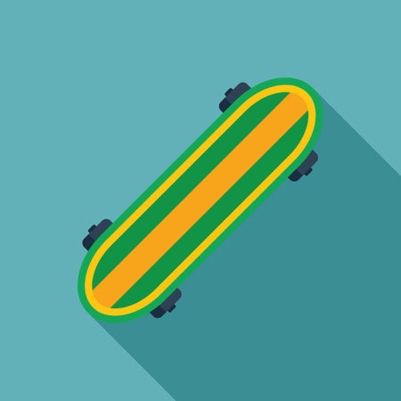 Green and yellow skateboard is laying on a blue background, in a flat design styleのイラスト素材