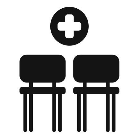 Black and white icon of two chairs sitting under a medical cross, representing a waiting roomのイラスト素材