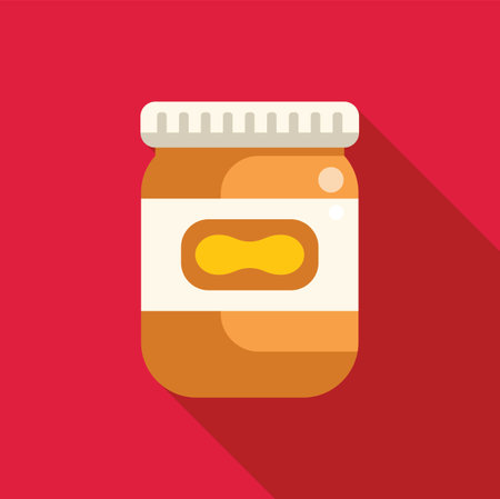 Glass jar full of peanut butter is standing on a red background with a long shadowのイラスト素材