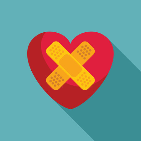 Red heart with a bandage forming an x across it, symbolizing heartbreak, healing, and emotional painのイラスト素材