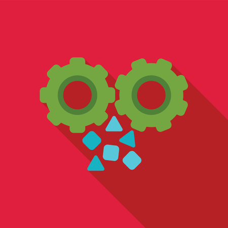 Two green gears are generating blue data points on a red backgroundのイラスト素材