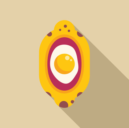 Simple cartoon style icon of a fried egg on a plate, with a long shadowのイラスト素材
