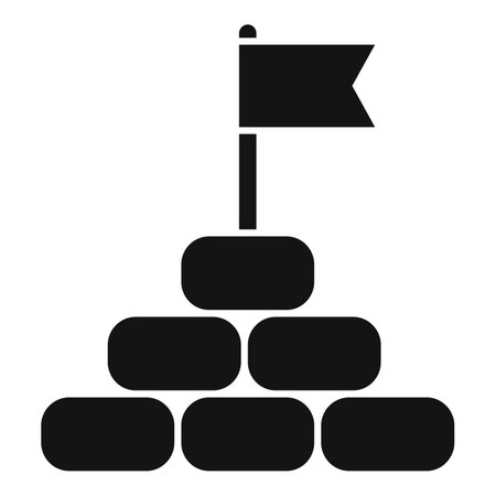 Black and white icon of a flag standing on a pile of stones, symbolizing success and achievementのイラスト素材
