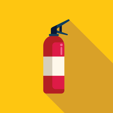 Fire extinguisher standing on yellow background with long shadow, safety equipment for fighting fireのイラスト素材