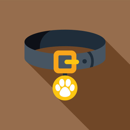 Dog collar with golden paw badge is lying on brown background, in flat designのイラスト素材