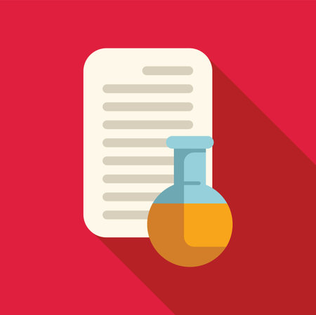 Scientific icon depicting round bottom flask standing near paper document describing chemical experimentのイラスト素材