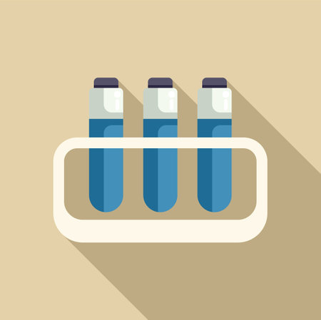 Three test tubes holding blue liquid are sitting in a test tube rack, conducting a scientific experimentのイラスト素材