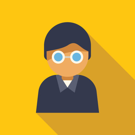 Minimalist flat design illustration of a man with glasses and dark hair wearing a dark blue shirt on a yellow backgroundのイラスト素材