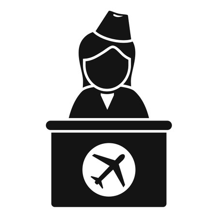 Airport staff member wearing a uniform and hat standing behind a check in counterのイラスト素材