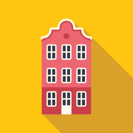 Colorful flat design illustration of a tall and narrow pink house with long shadow on yellow backgroundのイラスト素材