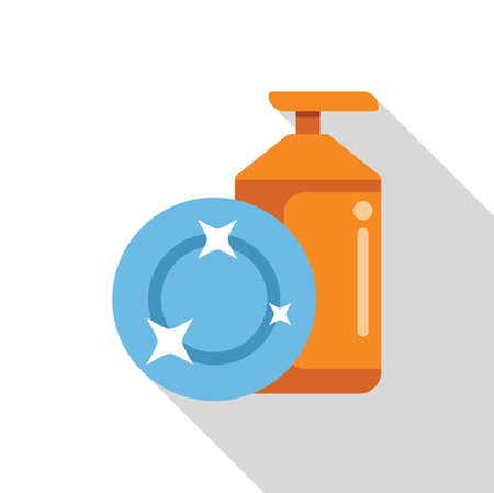 Orange plastic bottle of dishwashing liquid and clean plate with shining stars on white backgroundのイラスト素材