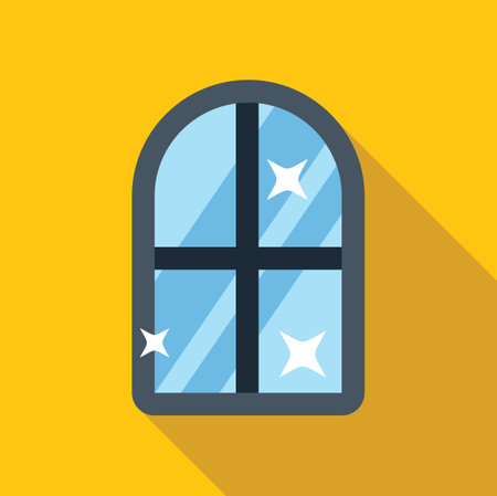 Clean arch window reflecting sunlight with sparkling glass on yellow backgroundのイラスト素材
