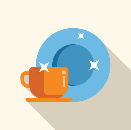 Orange coffee mug standing on saucer near clean blue plate with sparkles, side viewのイラスト素材