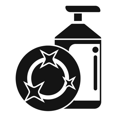 Black simple icon of a dishwashing liquid bottle and a clean plate with sparkling starsのイラスト素材