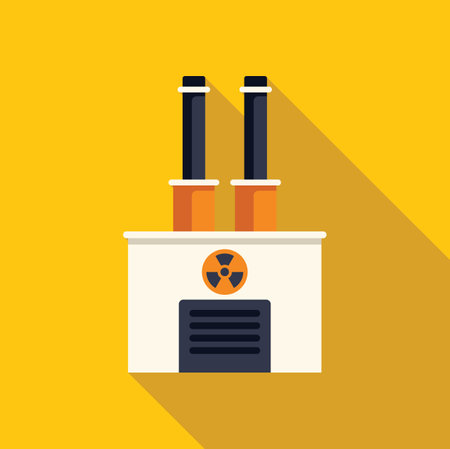 Minimalist flat design illustration of a nuclear power plant emitting smoke from its chimneys with a long shadow on a yellow backgroundのイラスト素材
