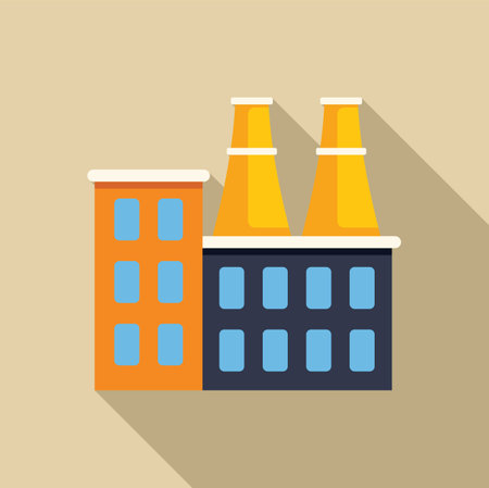 Factory building with two chimneys emitting smoke, representing industrial manufacturing and productionのイラスト素材