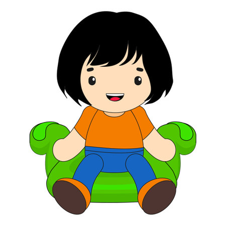 Cartoon illustration of a young girl sitting on a green beanbag smiling and relaxingのイラスト素材
