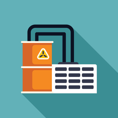 Industrial flat style icon depicting radioactive waste storage facility with barrels and buildingのイラスト素材