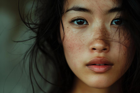Close-up portrait of a young woman with natural freckles and a captivating gazeの素材