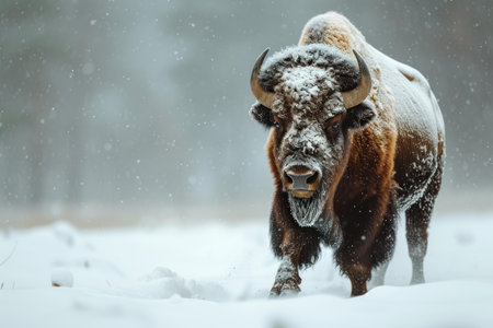 Pristine Bison snow winter forest. Animal park. Generate Aiの素材