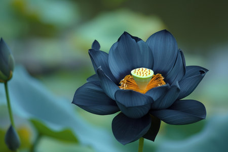 Alluring Black lotus flower in dark banner. Natural beauty art flora light. Generate Aiの素材