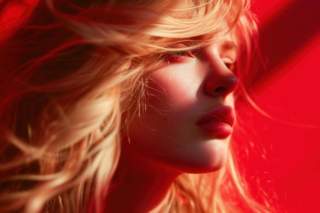 Close-up portrait of a woman with flowing hair bathed in vibrant red lightの素材