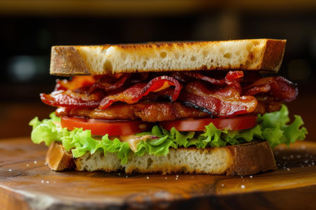 Delicious blt sandwich on a wooden table, focus on crispy bacon and fresh vegetablesの素材