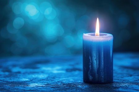 Tranquil blue candle flame burning brightly on a cozy table. Creating a serene and peaceful atmosphere for meditation and relaxation in the darkness. With a single glowing flame and bokeh effectの素材