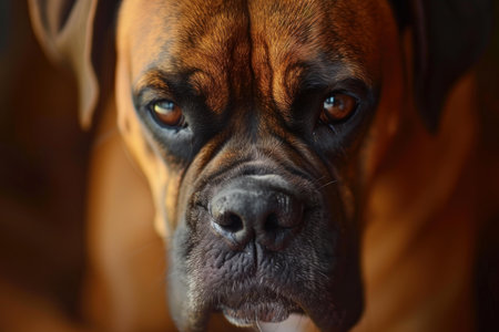 Close-up portrait of a purebred boxer dog with an intense and focused gaze, showcasing warm tones and blurred background. This powerful and loyal canine companion exudes vigilance and depth of fieldの素材