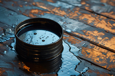 Close-up of a tin can with spilled engine oil on a rustic wooden backgroundの素材
