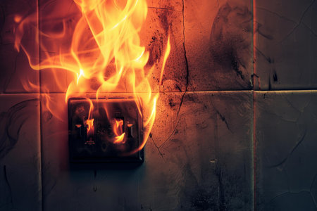 Warning: potential electrical outlet fire hazard poses danger to residential properties and requires emergency maintenance and assessmentの素材