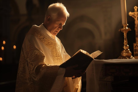 Pensive priest in liturgical vestments immersed in reading a sacred text by candlelight inside a churchの素材