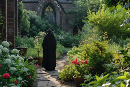 Silhouetted nun walks in a serene church garden at sunsetの素材