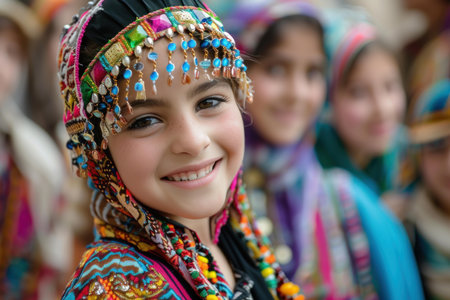 Closeup of a cheerful young girl wearing colorful ethnic attire with intricate beadwork at a lively cultural celebrationの素材